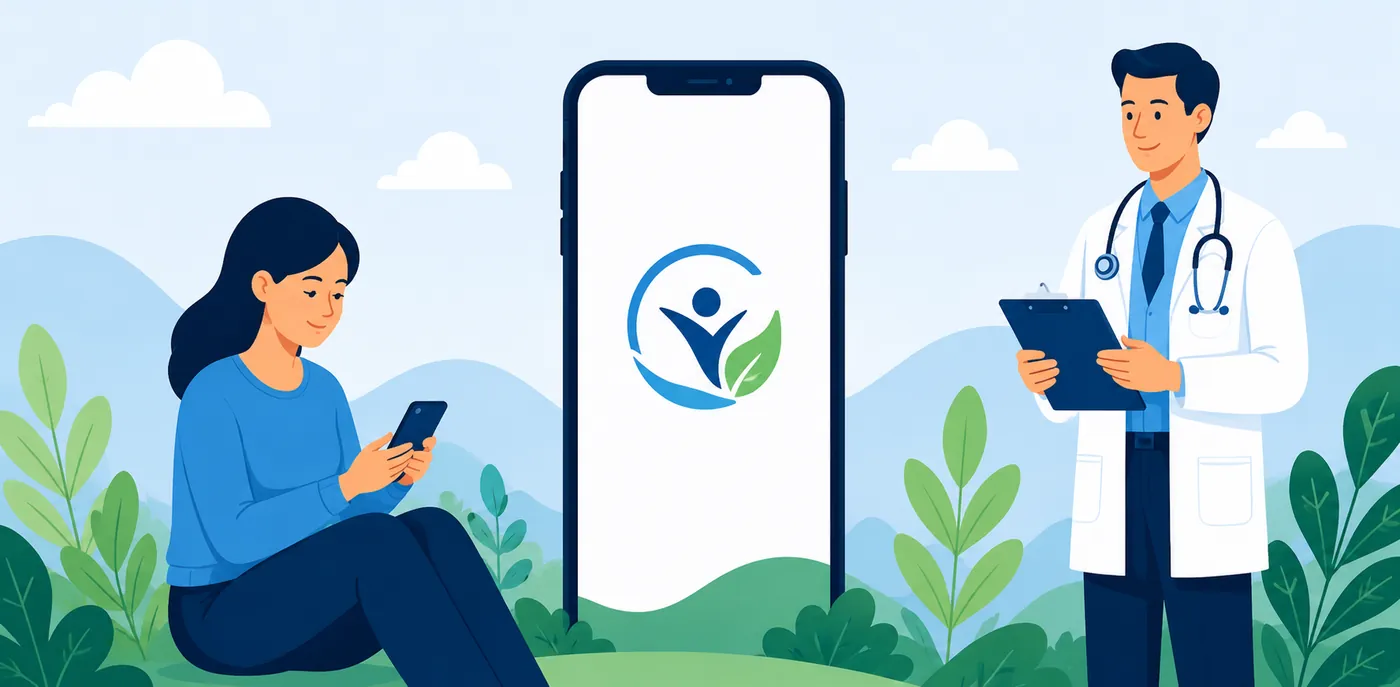 Illustration : une patiente consulte son téléphone, un soignant l’accompagne
